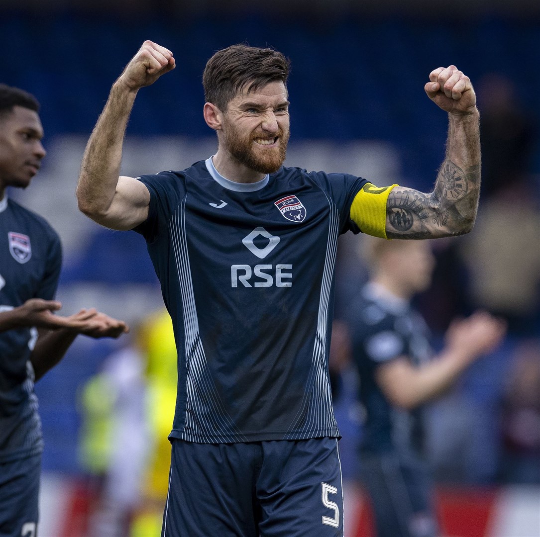 Picture - Ken Macpherson. Ross County(2) v Hearts(1). 16/03/24. Ross County's Jack Baldwin celebrates at the end.